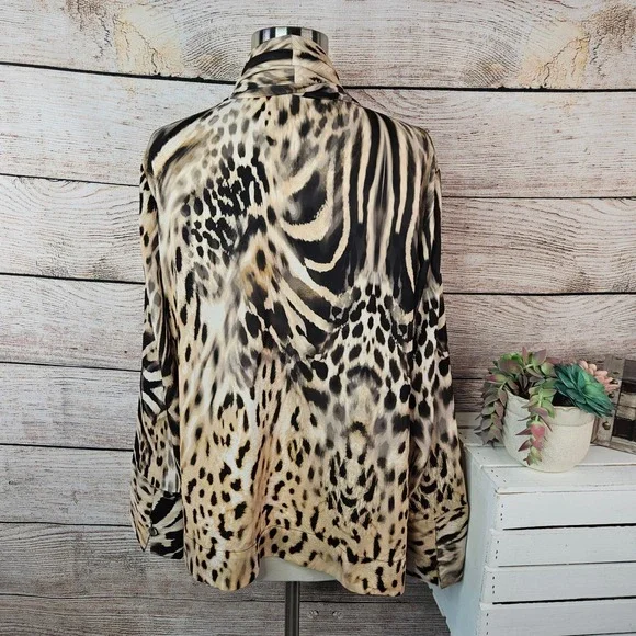 Black Label by Chico's Mixed Animal Print Tie Neck Blouse Leopard Zebra Womens L - Picture 3 of 5